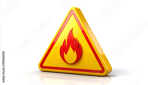 A bright yellow triangular warning sign with a red flame icon prominently displayed against a clean white background conveys a clear message of fire hazard.