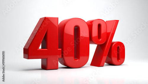 A vibrant red 3D rendering displays the numerical value '40%' against a clean white background.