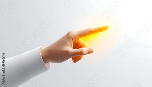 A stylized image depicts a hand in a white shirt pointing towards a glowing orange light, creating a sense of focus and digital interaction.