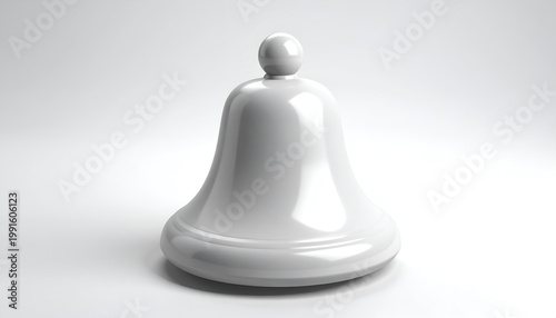 A pristine, silver bell sits prominently against a clean, white background, showcasing its classic shape and reflective surface.