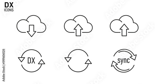 Cloud Icons Set For Data Transfer And Synchronization.