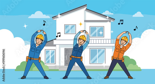 Three construction workers in different colored uniforms performing morning stretches in front of a new white house.