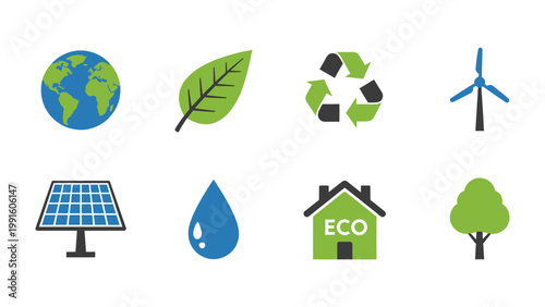 Eco-Friendly Icon Set: A vibrant collection of eco-friendly icons representing environmental consciousness and sustainability, including a globe, leaf, recycling symbol, wind turbine, solar panel.