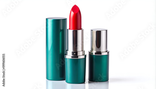 A vibrant red lipstick sits between two teal-colored tubes, presented against a clean white background, showcasing a modern beauty product.