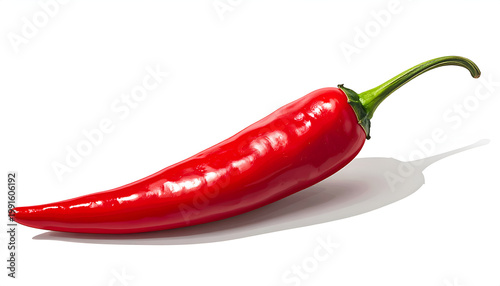 A vibrant red chili pepper is presented against a clean white background, showcasing its glossy texture and elongated form.