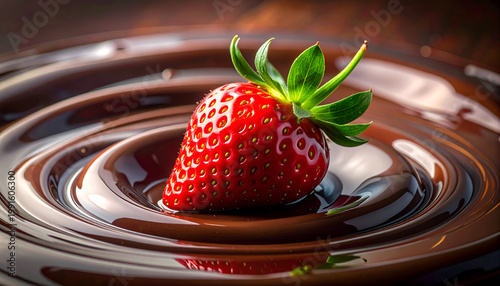 A vibrant red strawberry sits elegantly immersed in a swirling pool of rich, dark chocolate, creating a visually appealing and decadent still life.