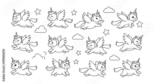 Charming collection of winged unicorns and fluffy clouds in a line art style