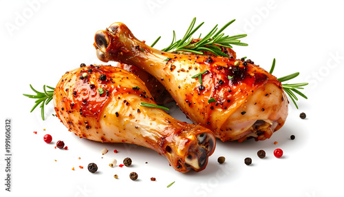 Two perfectly roasted chicken legs, seasoned with rosemary and peppercorns, are presented against a clean white background, showcasing a delicious and appetizing culinary creation.