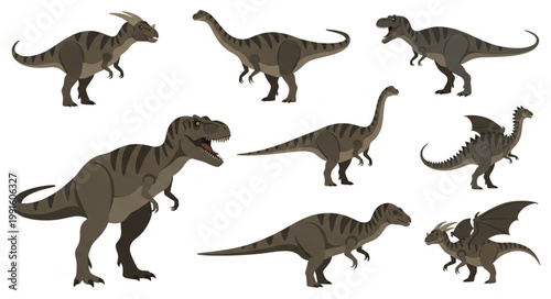 Collection of diverse dinosaur species isolated on white background.