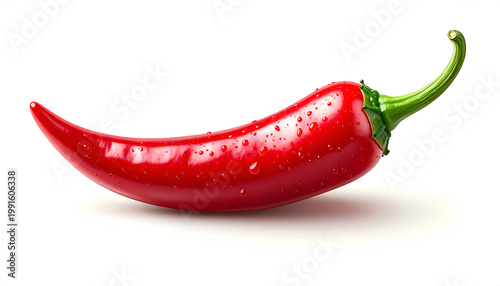A vibrant red chili pepper, glistening with water droplets, rests against a clean white background, showcasing its smooth texture and intense color.