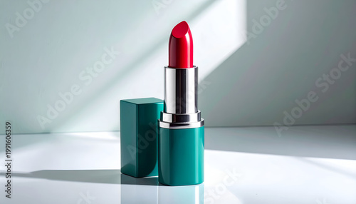A vibrant red lipstick sits elegantly alongside its teal-colored case, bathed in soft, natural light against a minimalist white backdrop.