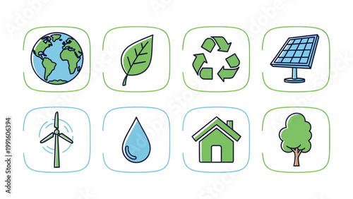Eco-icons: Capturing a range of sustainability symbols, these icons embody environmental consciousness, promoting concepts such as the earth, renewable resources, water conservation.