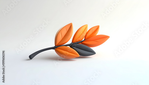 A stylized, three-dimensional branch with vibrant orange and dark gray leaves rests against a clean, white background, creating a minimalist and modern aesthetic.