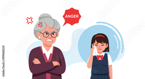 Angry elderly woman scolding a crying schoolgirl who is wiping her tears with a handkerchief in a circle bubble.