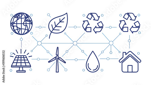 Eco-Friendly Energy Concept: A conceptual illustration depicting interconnected elements of renewable resources and sustainable living, including solar panels, wind turbine, leaf, water.