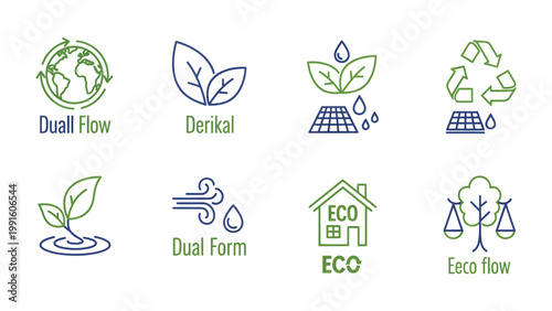 Eco Icons: Eight eco-conscious icons representing concepts of environmental sustainability. Including diverse ideas about nature.