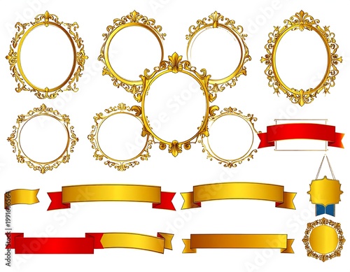Elegant Ornate Golden Frames And Decorative Ribbon Banners Collection Vintage Baroque Style Vector Illustration Elements Isolated On White Background