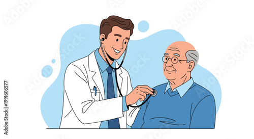 Smiling young doctor in a white lab coat using a stethoscope to examine the chest of an elderly male patient in a clinic.