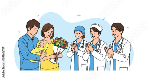 Happy young parents holding a newborn baby and a bouquet of flowers while doctors clap their hands in a clinic.