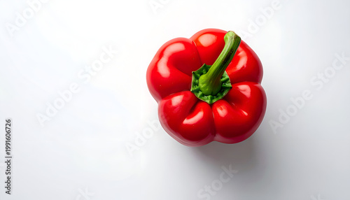 A vibrant, glossy red bell pepper is showcased against a clean white background.