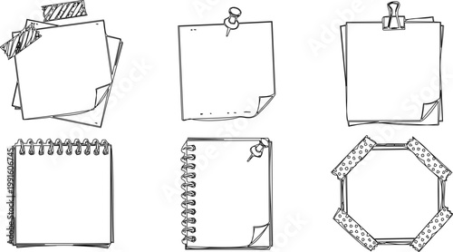Set of hand drawn doodle note papers, sticky notes, and memo pads, an engraving art style handdrawn illustration