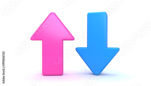 A vibrant pink upward arrow and a bright blue downward arrow stand prominently against a clean white background, symbolizing contrasting trends or directions.