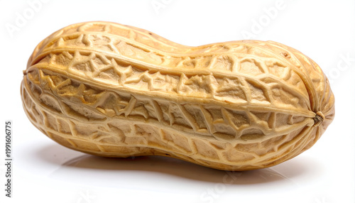 A close-up view showcases the textured shell of a single peanut against a stark white background.