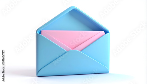 A stylized, three-dimensional rendering depicts a light blue envelope with a pink letter partially visible inside, set against a clean white background.