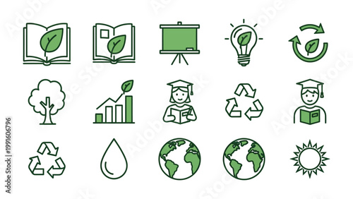 Eco-Education Icons: A visually appealing collection of eco-themed icons, symbolizing education and environmental consciousness. Each icon is carefully designed.