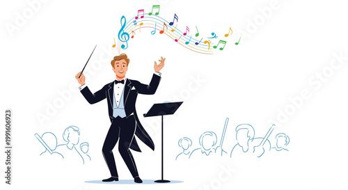 Enthusiastic orchestra conductor in a tuxedo waving his baton while colorful musical notes flow around him on stage.