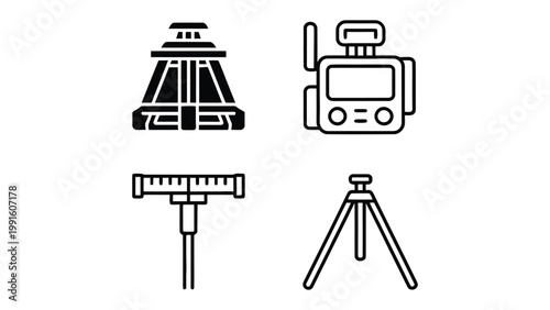 Geodetic Surveying Instruments: An illustration of geodetic surveying instruments, ideal for technical diagrams, showcasing essential tools.