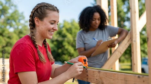 Empowered woman carpenter measuring wooden beams for home renovation project with friend taking notes in background