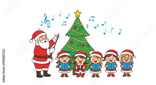 Santa claus conducts a choir of young children singing festive carols in front of a decorated christmas tree.