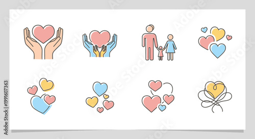 Set of hand drawn doodle heart icons for love and family.