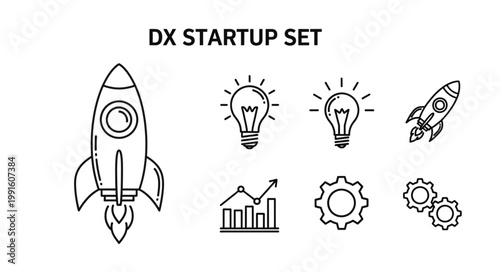 Digital Transformation Startup Icons Set Rocket Lightbulb Gear Graph.