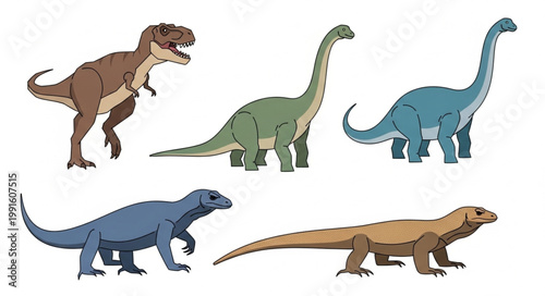 Collection of five different cartoon dinosaurs and prehistoric reptiles.