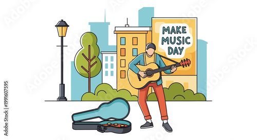 A street performer playing acoustic guitar for Make Music Day.