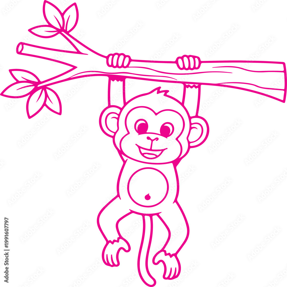 Fototapeta premium Cute cartoon monkey hanging on a tree branch, simple line art illustration for coloring book