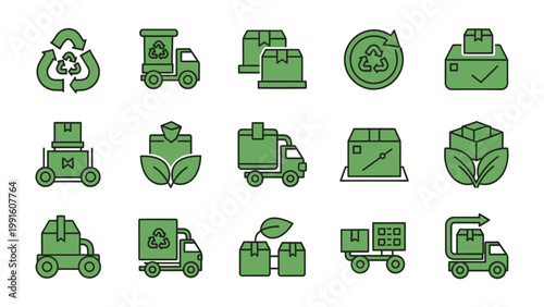 Eco-Friendly Logistics: A collection of green icons related to eco-friendly transport, representing the harmony of environmental protection and efficient deliveries.