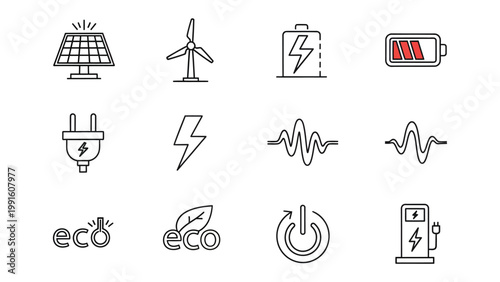 Clean Energy Icons: A collection of meticulously crafted icons represents various aspects of sustainable energy sources, promoting eco-friendliness and environmental responsibility.