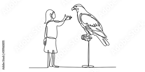 A single continuous line drawing of a woman interacting with a majestic falcon perched on a stand Vector, illustration
