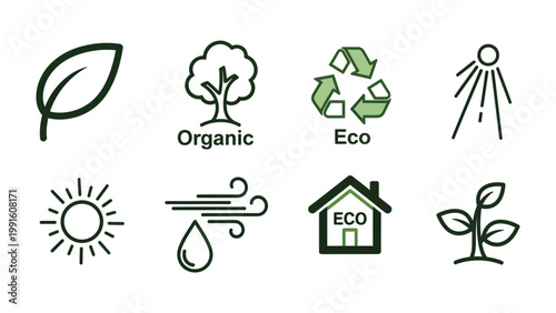 Eco-friendly Icons: Collection of environment-related vector icons. The image presents a range of eco-friendly symbols, each representing a facet of nature, sustainability.