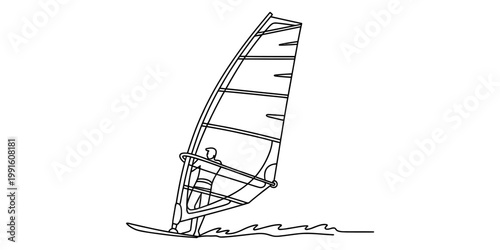 A simple black and white line drawing of a person windsurfing on a board over calm ocean waves. Vector, illustration