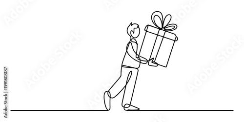 A continuous line drawing of a person walking forward while holding a large gift box with a bow. Vector, illustration