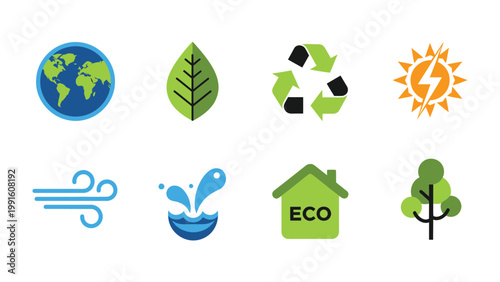 Environmental Icons: A vibrant collection of eco-friendly icons representing key elements of environmental sustainability and conservation, including the Earth, a leaf, recycling symbol, solar energy.