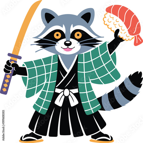 Cute raccoon samurai character wearing a traditional japanese kimono holding a katana sword and a piece of shrimp nigiri sushi