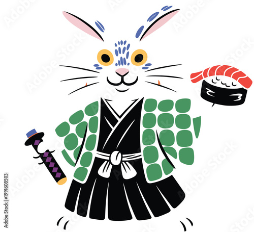 Cute samurai rabbit character wearing a green and black kimono holding a piece of sushi and a katana sword