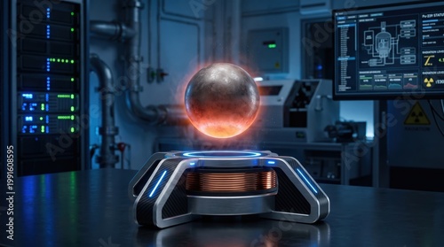Floating energy sphere demonstration high-tech lab digital art futuristic setting