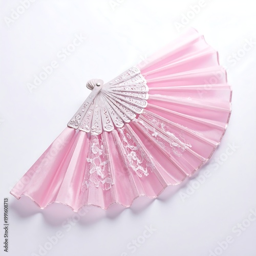 Elegant Pink Folding Hand Fan With White Lace Detail And Ornate Floral Ribs Lying Open On Flat White Surface With Soft Shadows