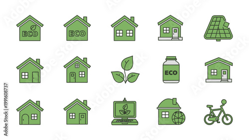 Eco-friendly Home Icons: A collection of green house icons and symbols, showcasing the harmony between modern living and environmental sustainability. 